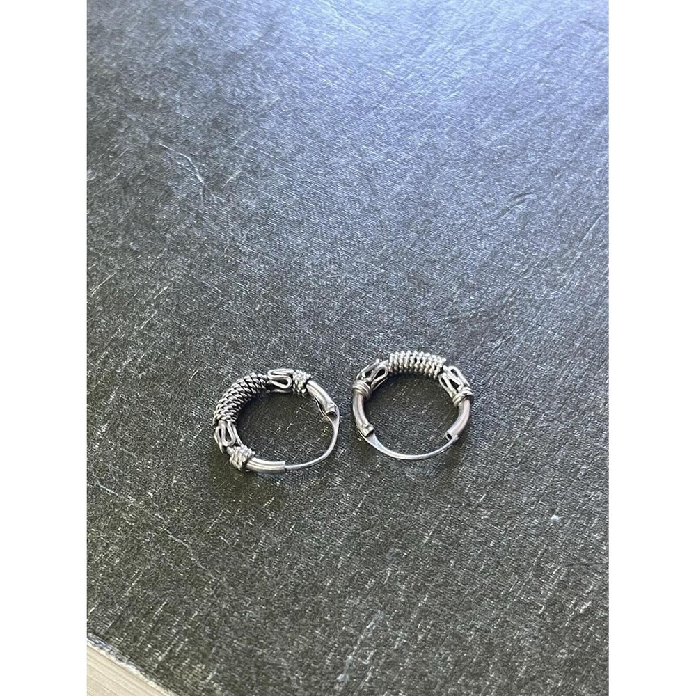 vintage Sterling  Bali Style Small Hoop Earrings Oxidized Textured Huggies 12mm - Picture 2 of 4